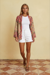Kimono brodé rose et beige 